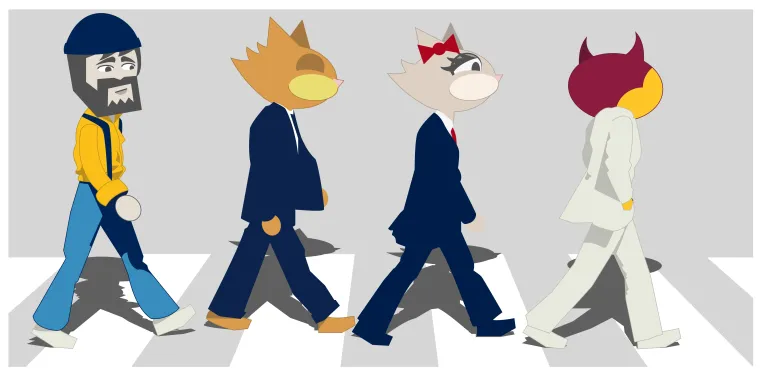 Four mascots walking down Abbey Road