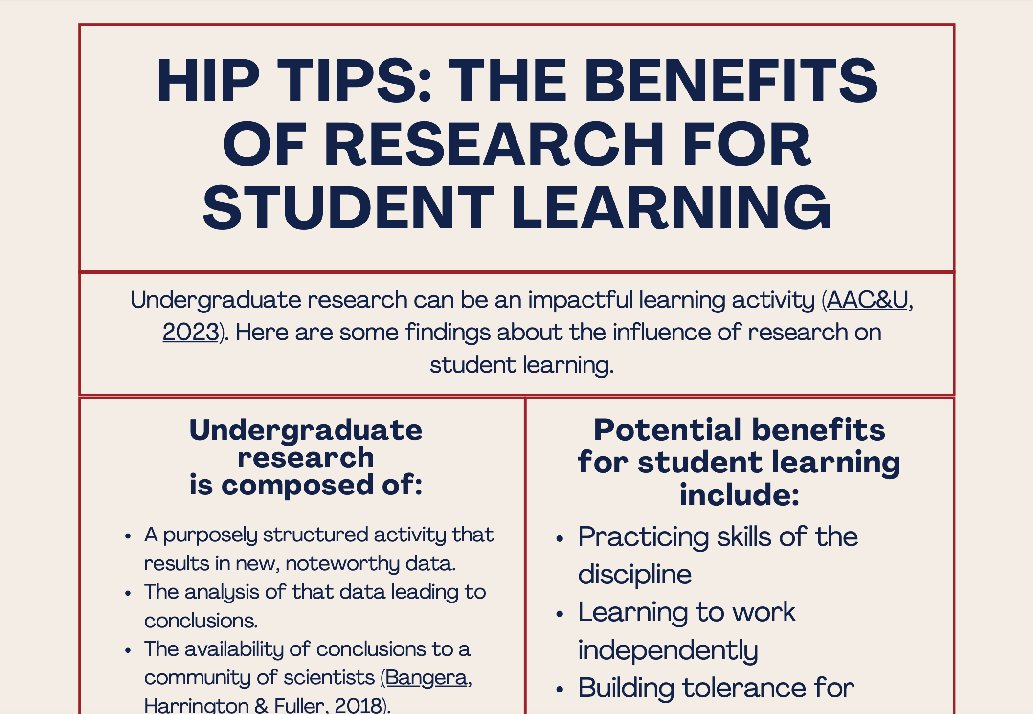 A screenshot that reads: HIP Tips: The benefits of research for student learning