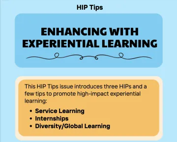 An infographic that says Enhancing with Experiential Learning and introduces service learning, internships, and diversity/global learning.