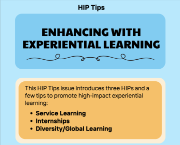 An infographic that says Enhancing with Experiential Learning and introduces service learning, internships, and diversity/global learning.
