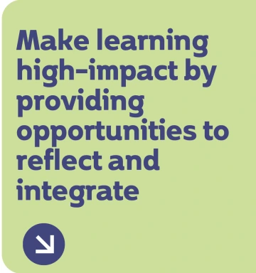 On a green background, blue text reads "make learning high-impact by providing opportunities to reflect and integrate."