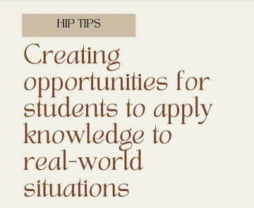 The words "creating opportunities for students to apply knowledge to real-world situations" on a light tan background